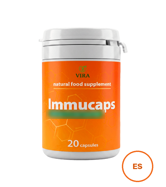 Frasco blanco de Immucaps con etiqueta naranja: VIRA, natural food supplement, 20 capsules