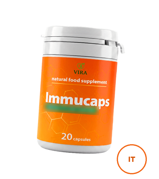 Barattolo bianco di Immucaps con etichetta arancione: VIRA, natural food supplement, 20 capsules