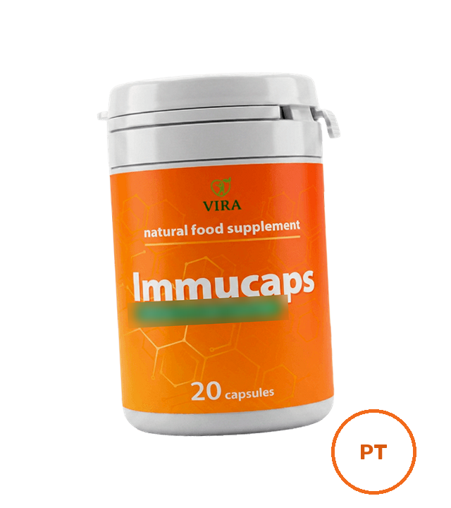 Frasco branco de Immucaps com rótulo laranja: VIRA, natural food supplement, 20 capsules